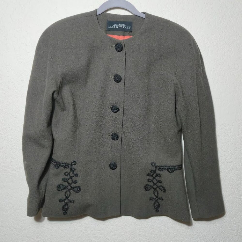 Vintage Ellen Tracy 100% Wool Equestrian Coat - Muted Olive Green - Size 10
